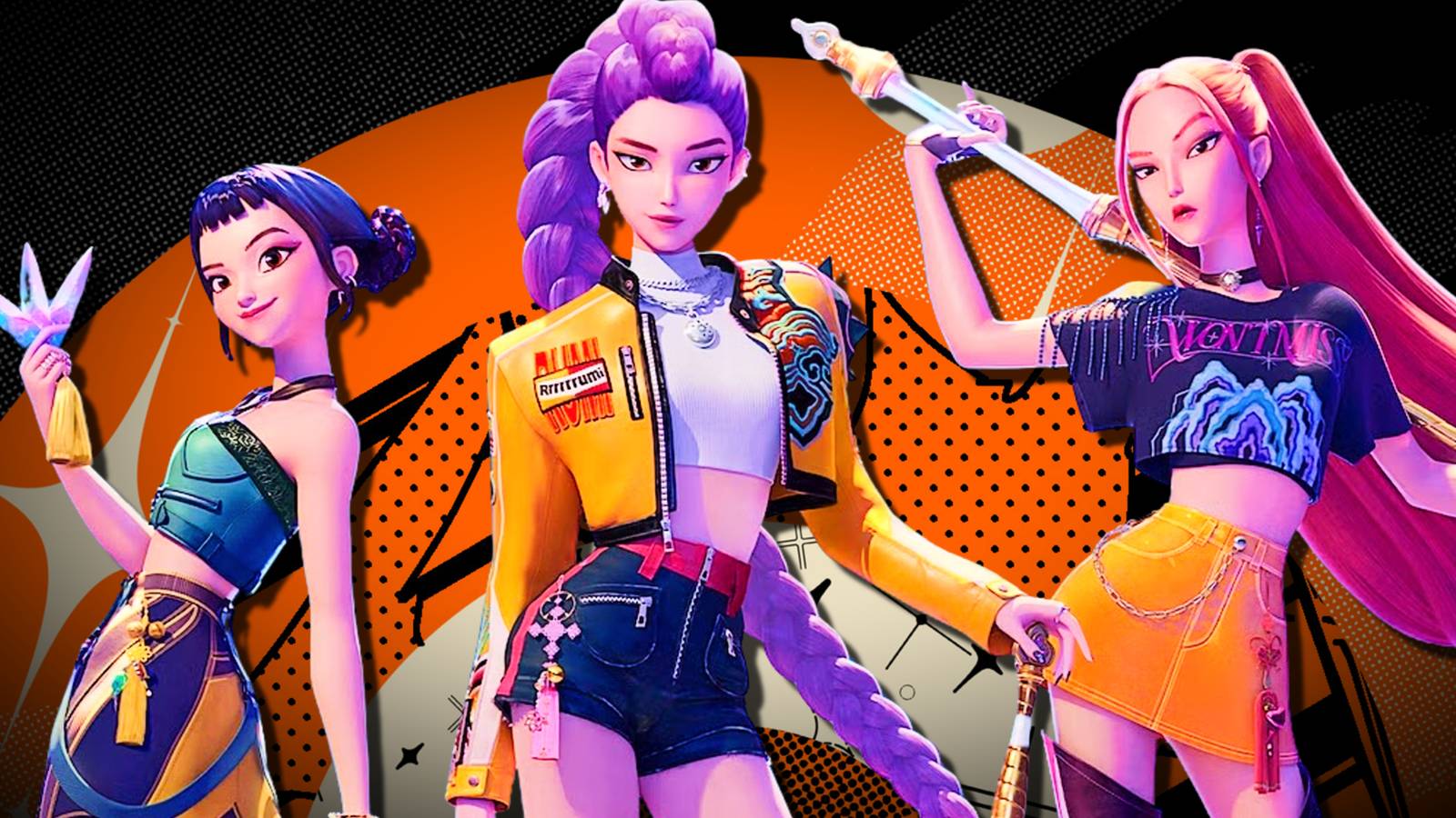 The Kpop Demon Hunters standing in front of the Crunchyroll logo holding their weapons.