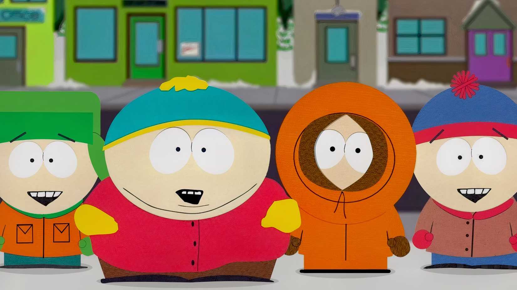 Kyle, Cartman, Kenny e Stan sorrindo em South Park