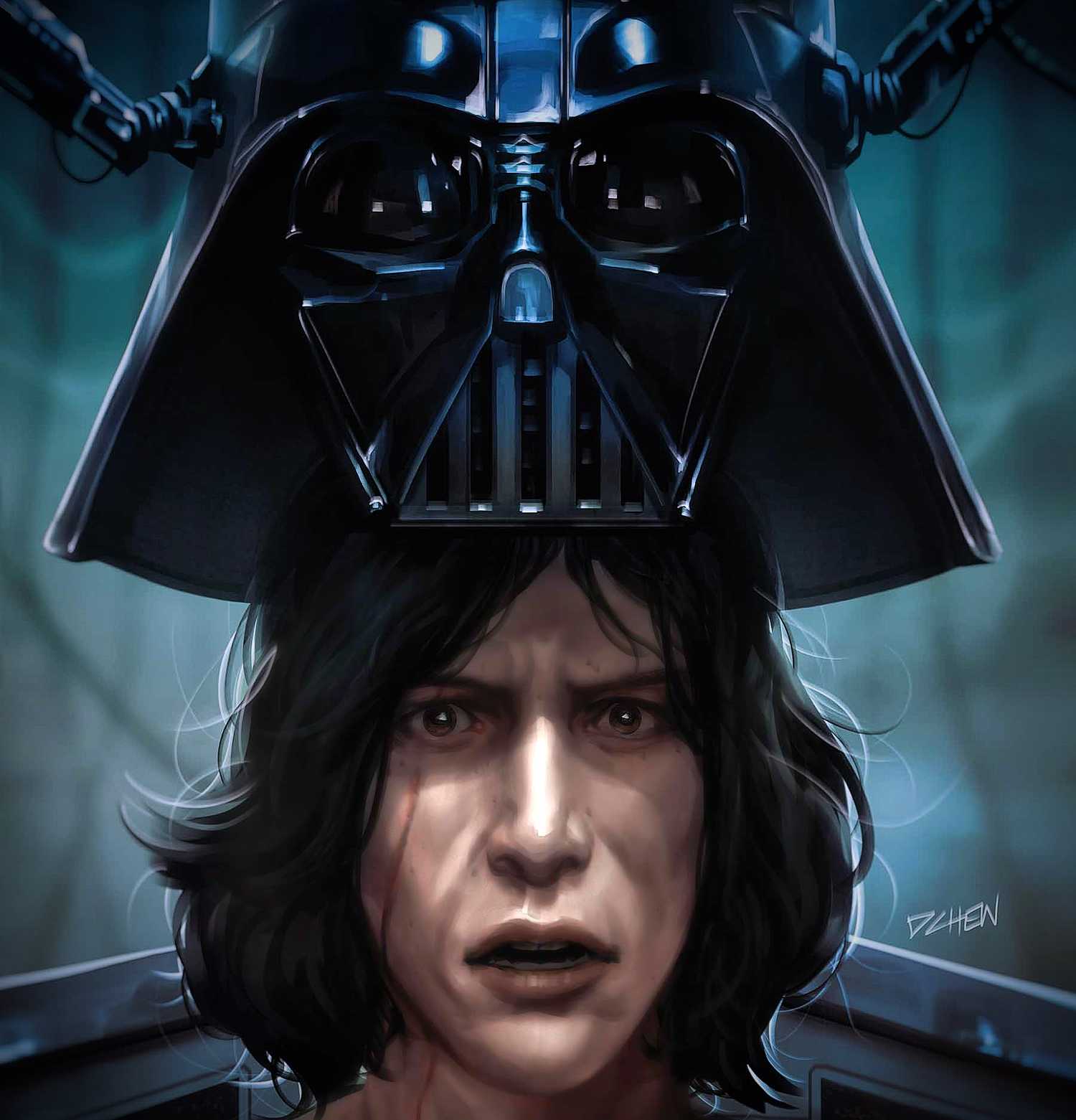 Kylo Ren Putting on Darth Vader Helmet in Star Wars Comic Art
