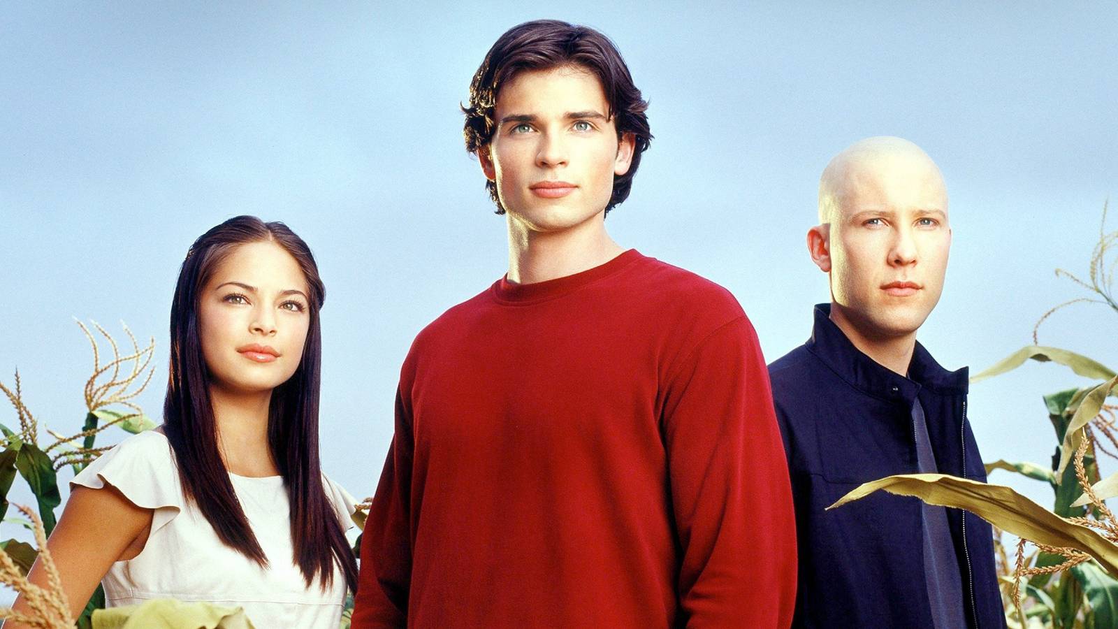 Lana Lang, Clark Kent, and Lex Luthor in a field of corn in Smallville