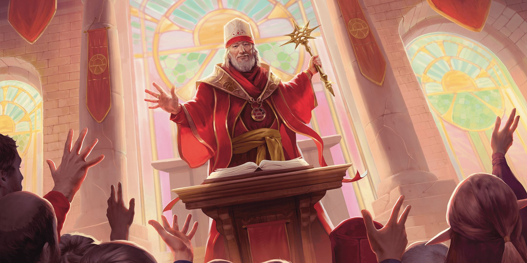 A priest of Lathander leading followers in D&D