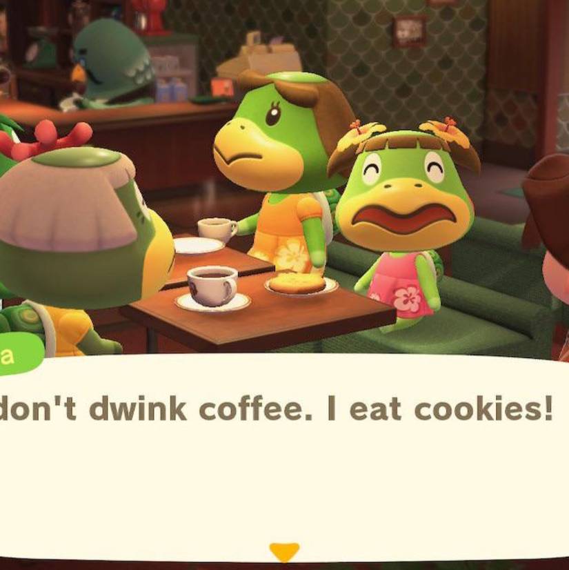 Leila mentre mangia un biscotto al bar di Animal Crossing New Horizons