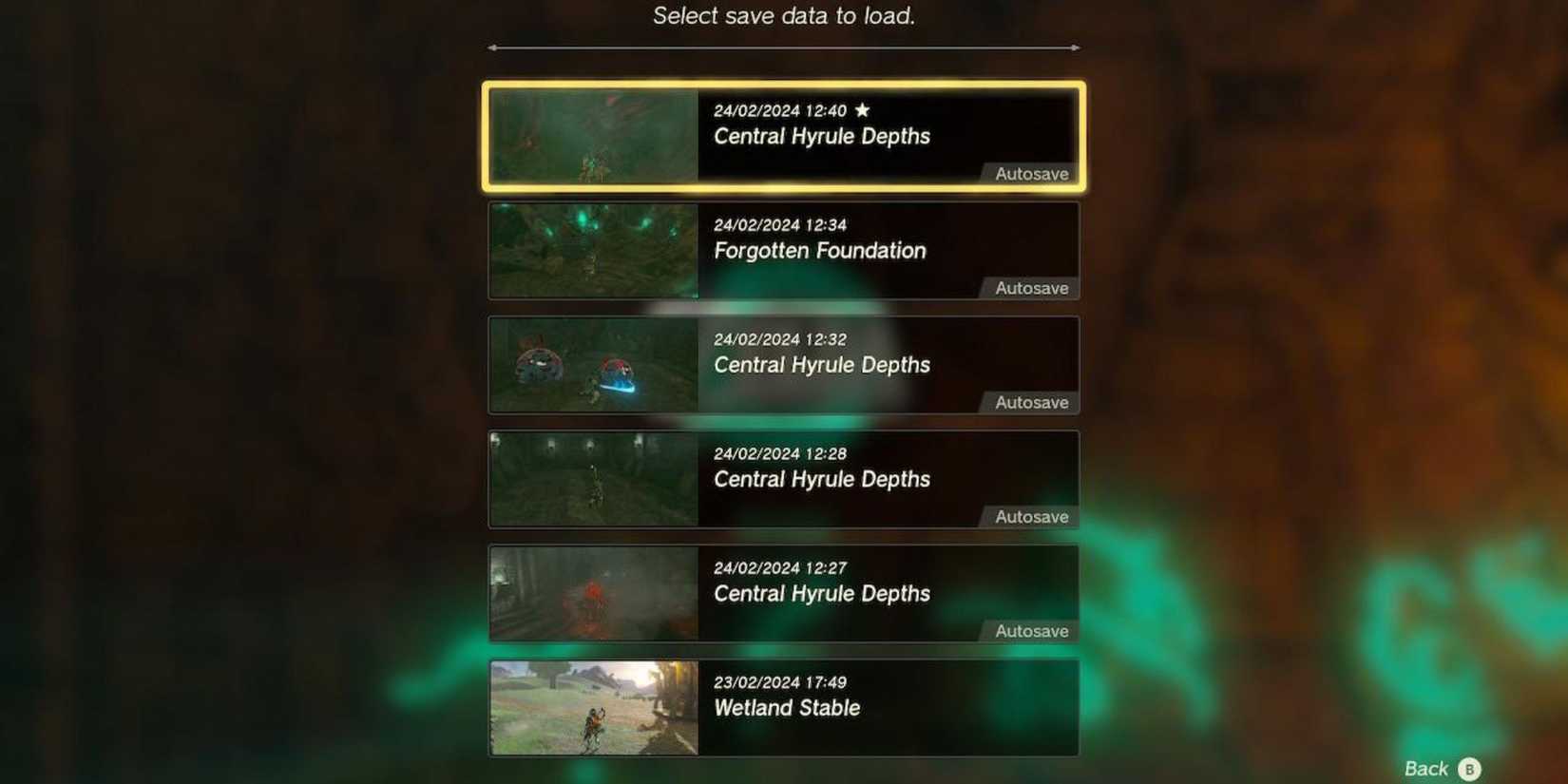 Loading screen of save files for Zelda Tears of the Kingdom