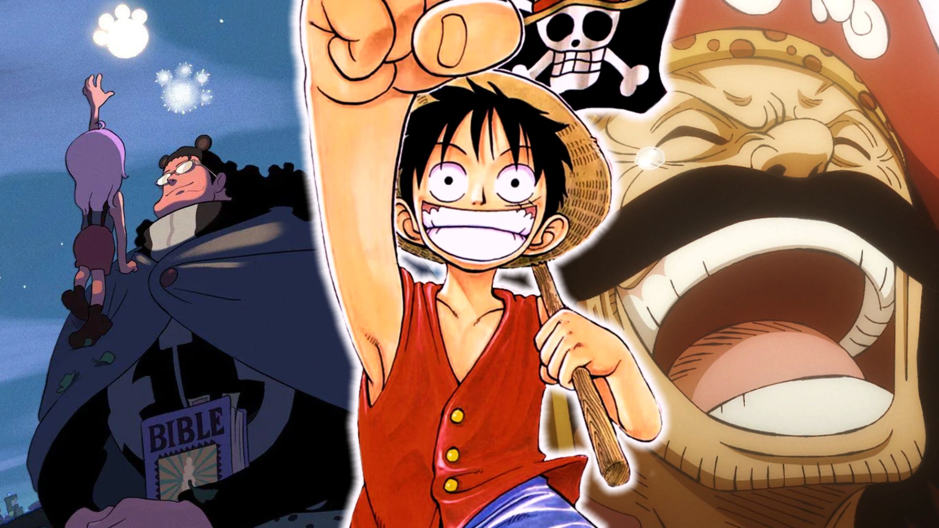 Luffy de One Piece avec Bonney Kuma et Roger en arrière-plan