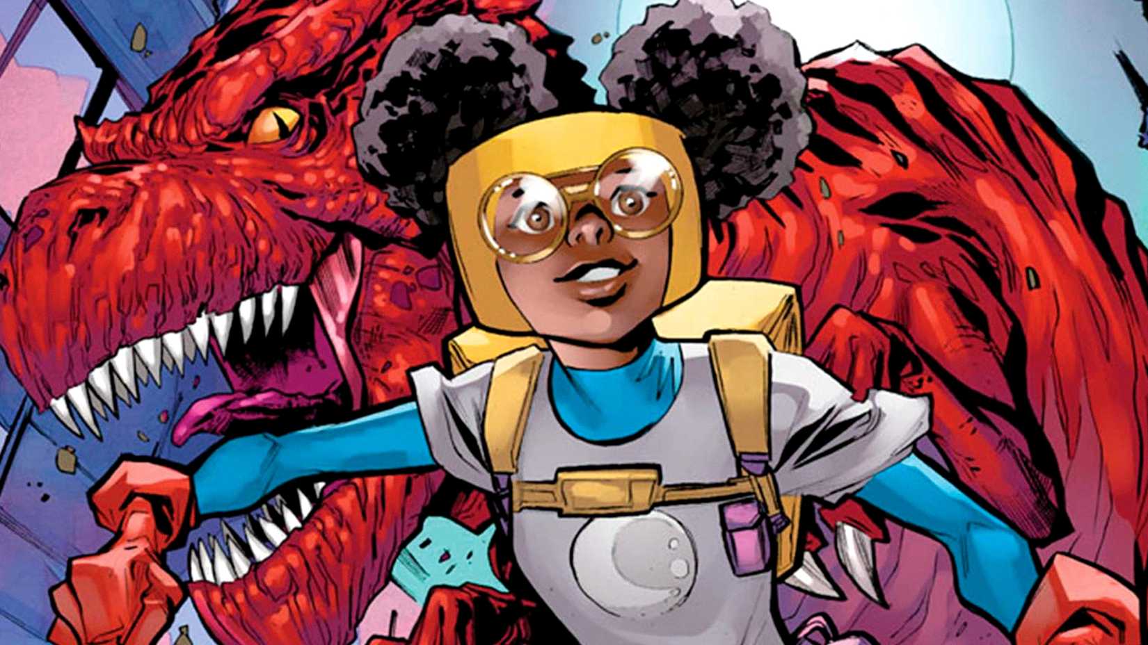 Luna LaFayette aka Moon Girl rollerskates next to Devil Dinosaur in Marvel Comics