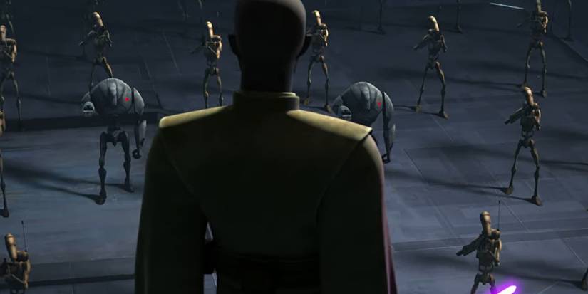 Mace Windu standing in front of battle droids in Star Wars The Clone Wars