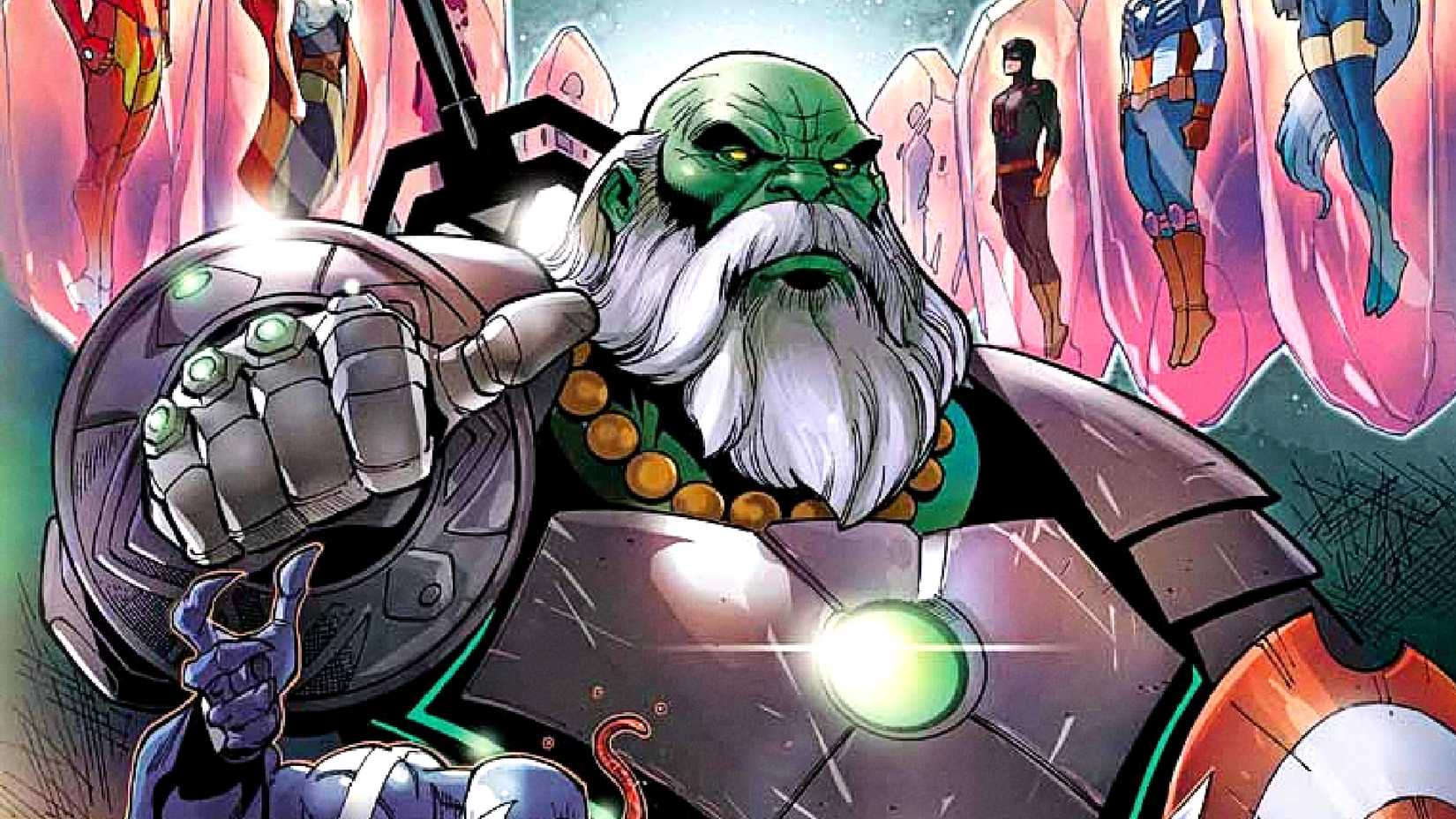 Maestro holds various Marvel weapons surrounded by frozen heroes in Marvel Comics art