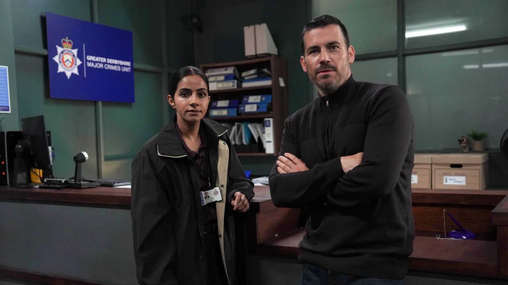 Mandip Gill and Rob James-Collier in Cooper and Fry British detective