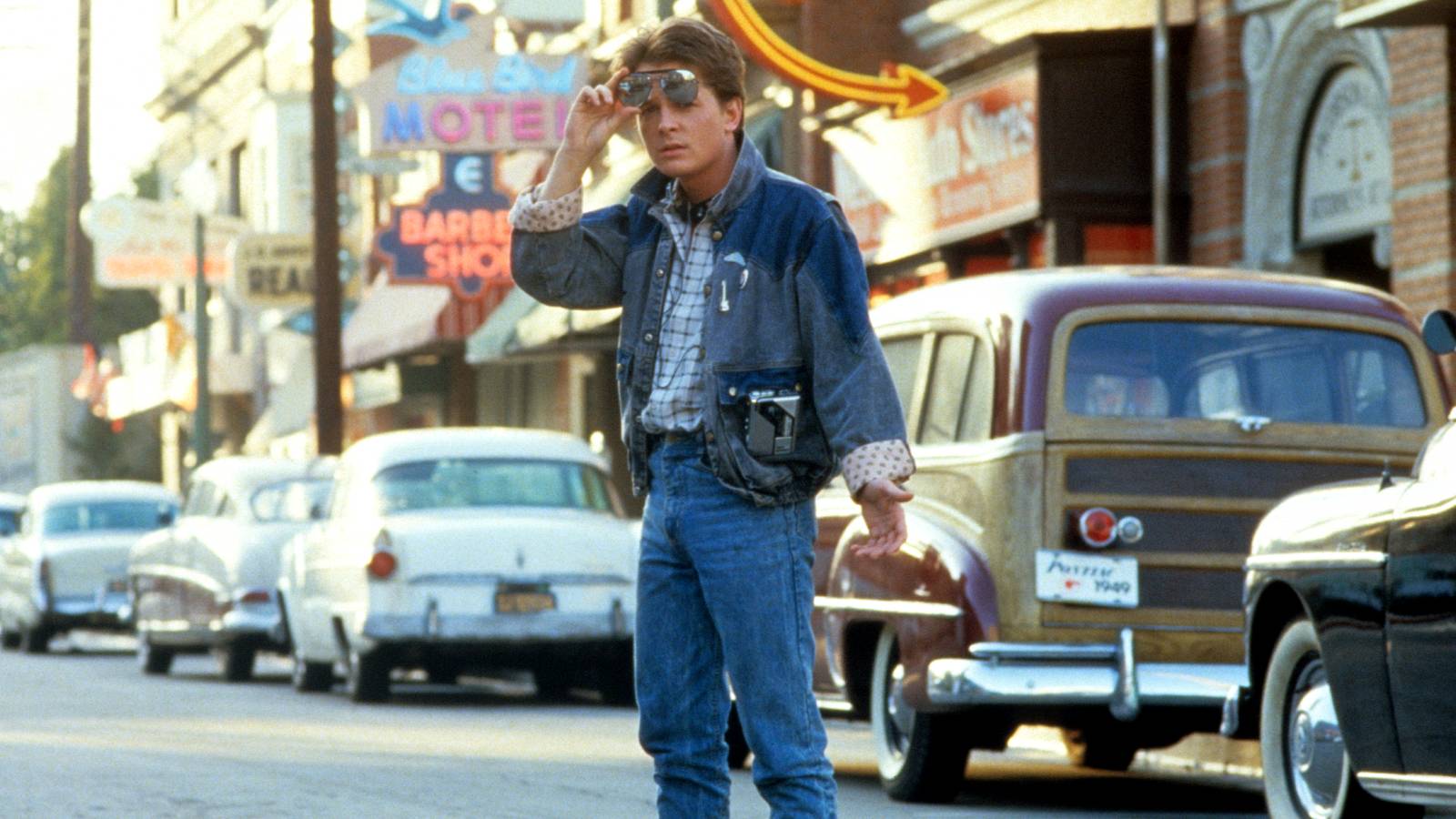 Marty McFly standing in the street in Back to the Future