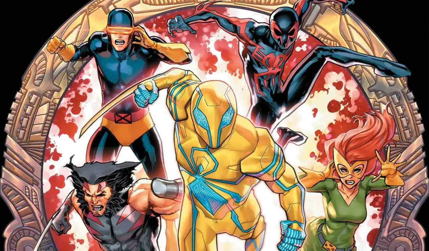 marvel 2099 the end art, showing heroes including spider-man 3099