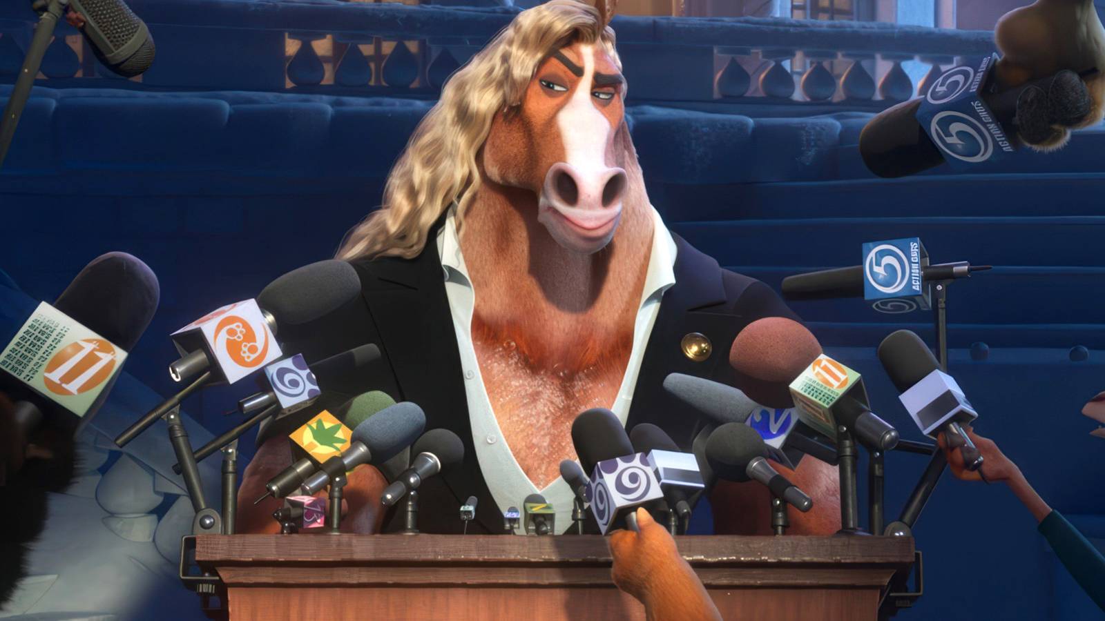 Mayor Brian Winddancer speaking at a press conference in Zootopia 2