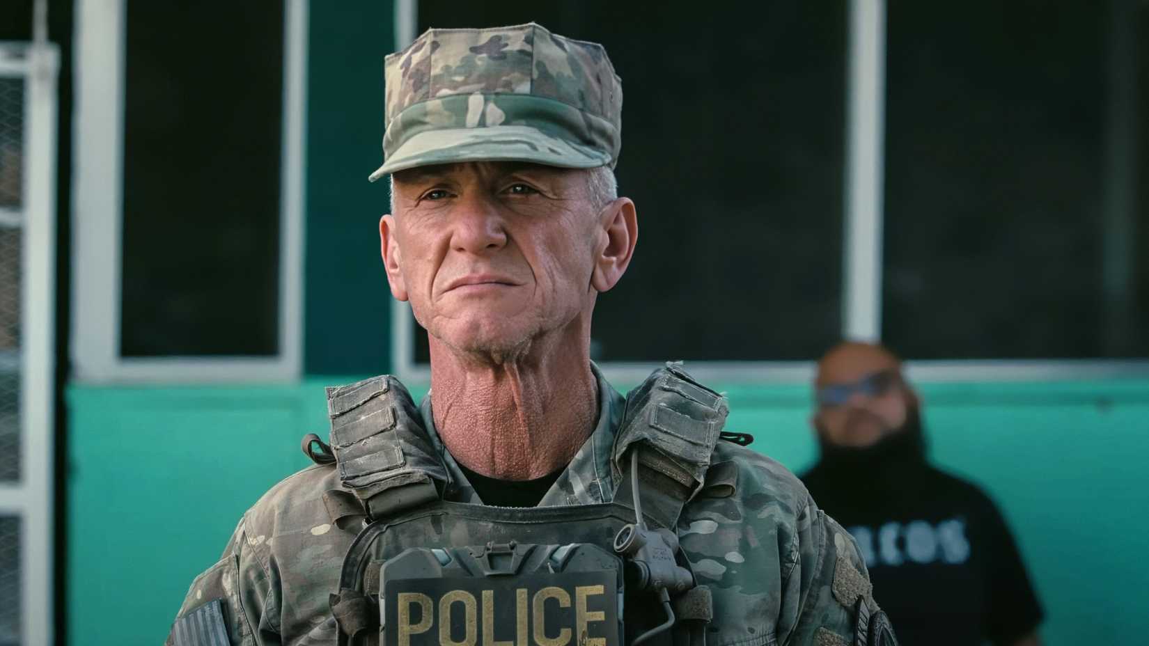 Colonel Steven J. Lockjaw (Sean Penn) in uniform and looking solemn in One Battle After Another