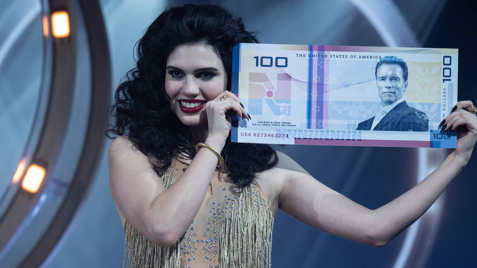 Arnold Schwarzenegger on a 100 New Dollar bill in The Running Man (2025)