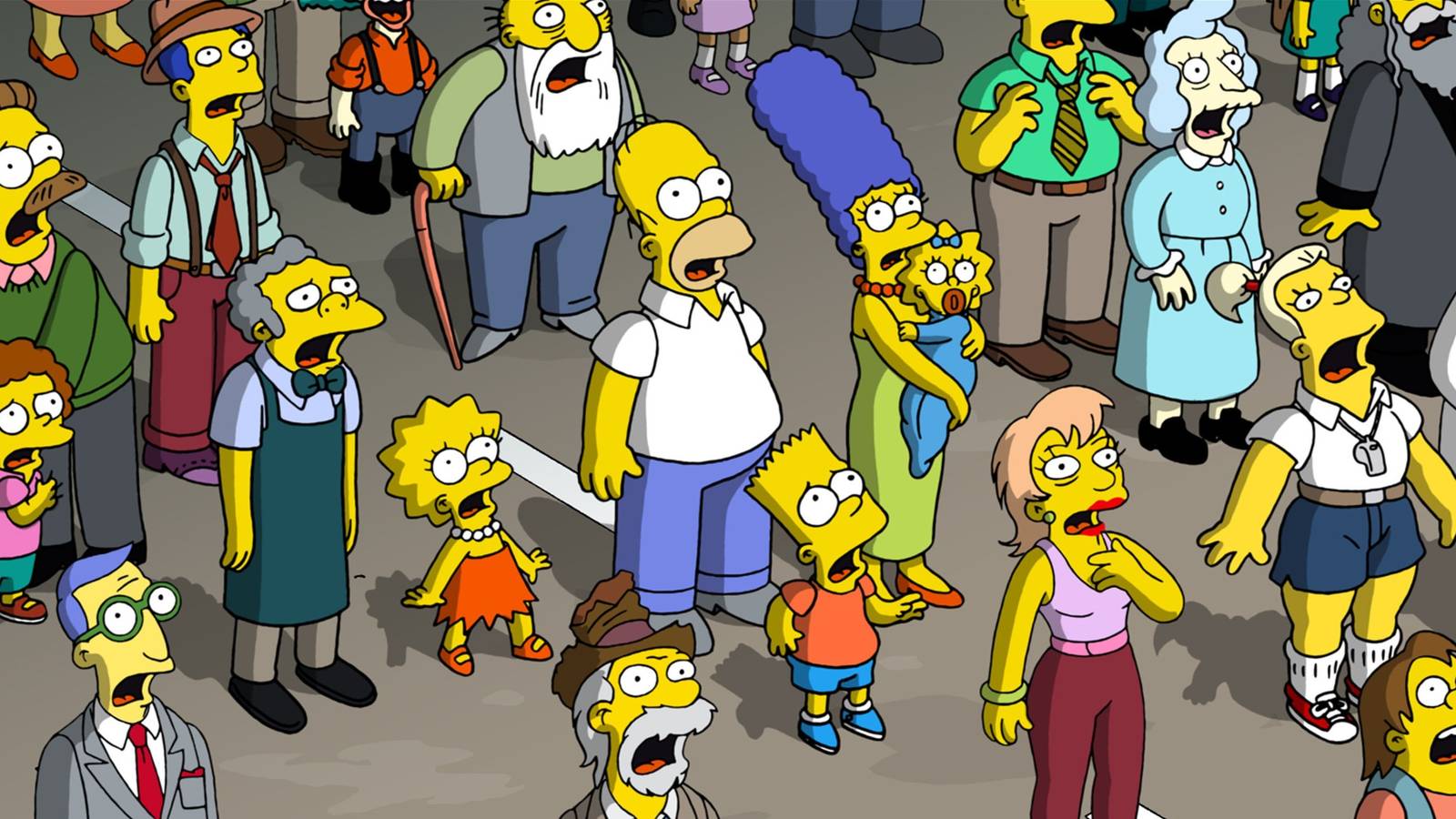 Characters with mouths open looking up in The Simpsons