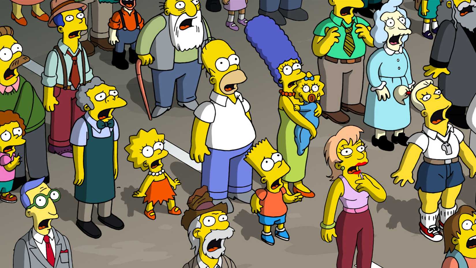 Characters with mouths open looking up in The Simpsons