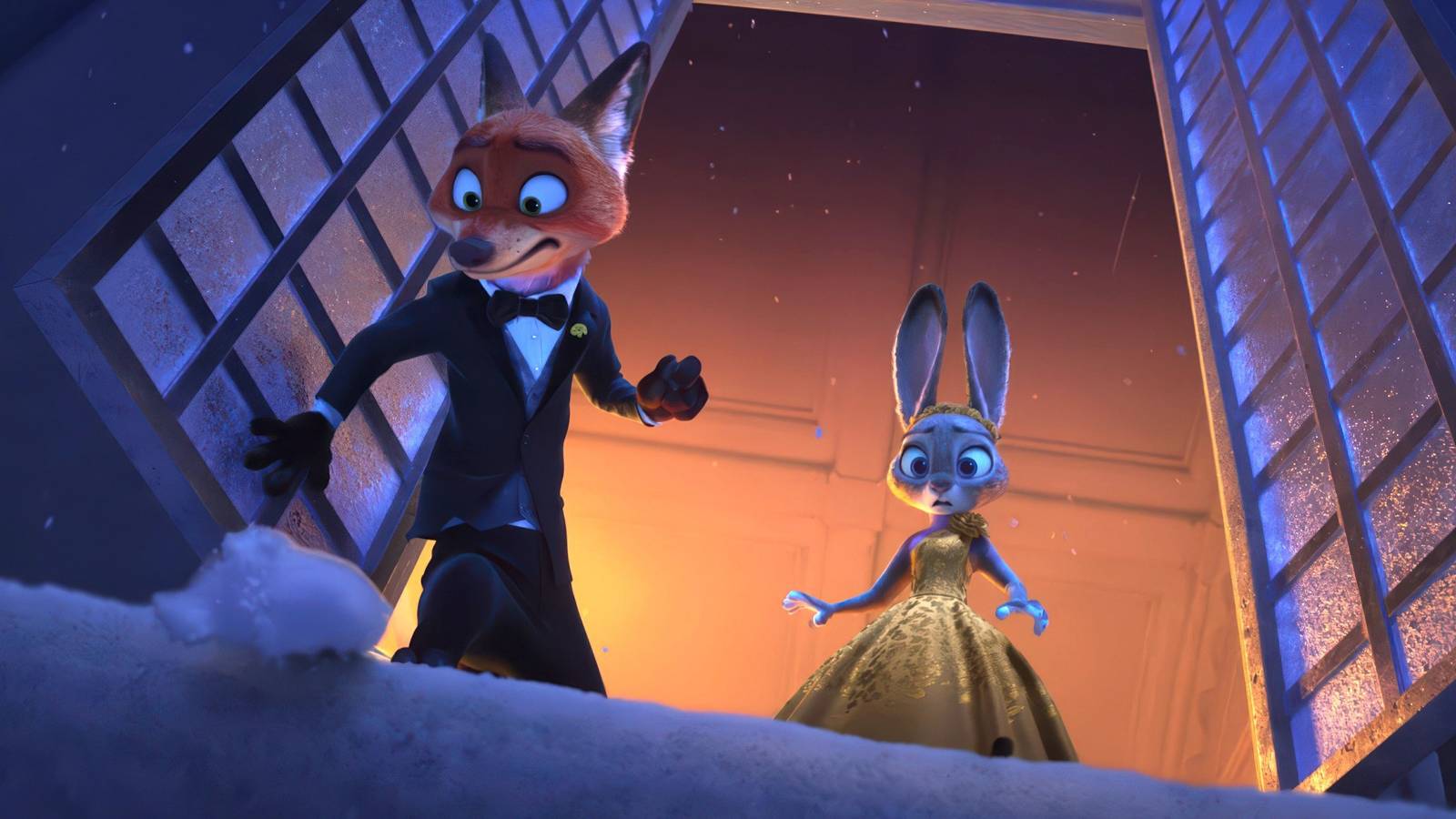 Nick Wilde (voice: Jason Bateman), Judy Hopps (voice: Ginnifer Goodwin) looking down with horrified expressions in Zootopia 2
