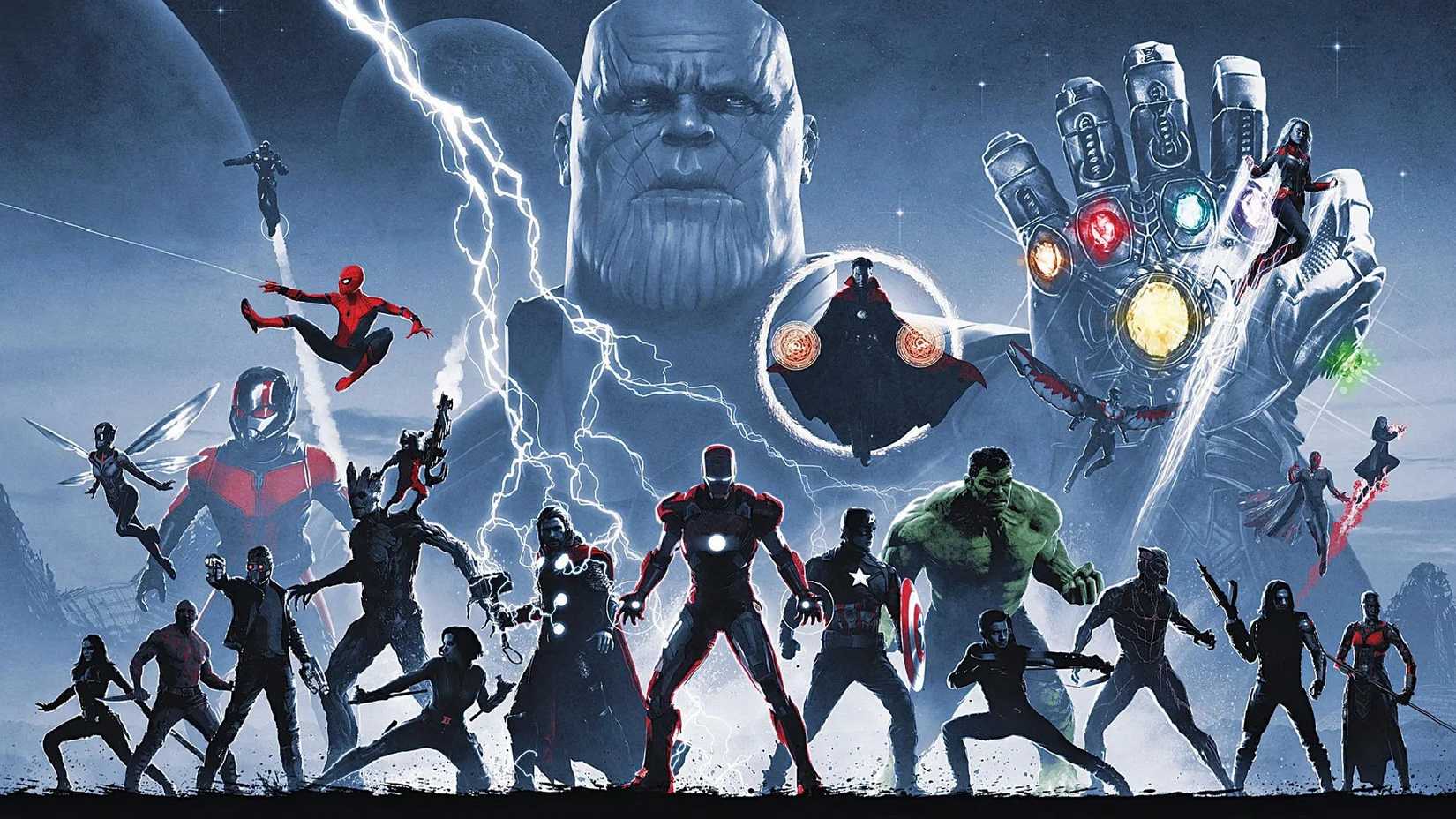 mcu infinity saga art showing thanos and assembled avengers