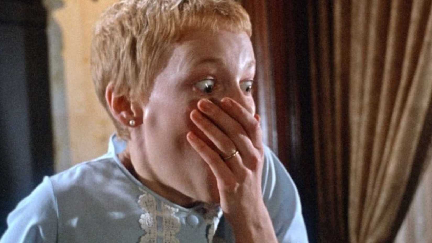 Mia Farrow as Rosemary looking horrified at the end of Rosemary's Baby