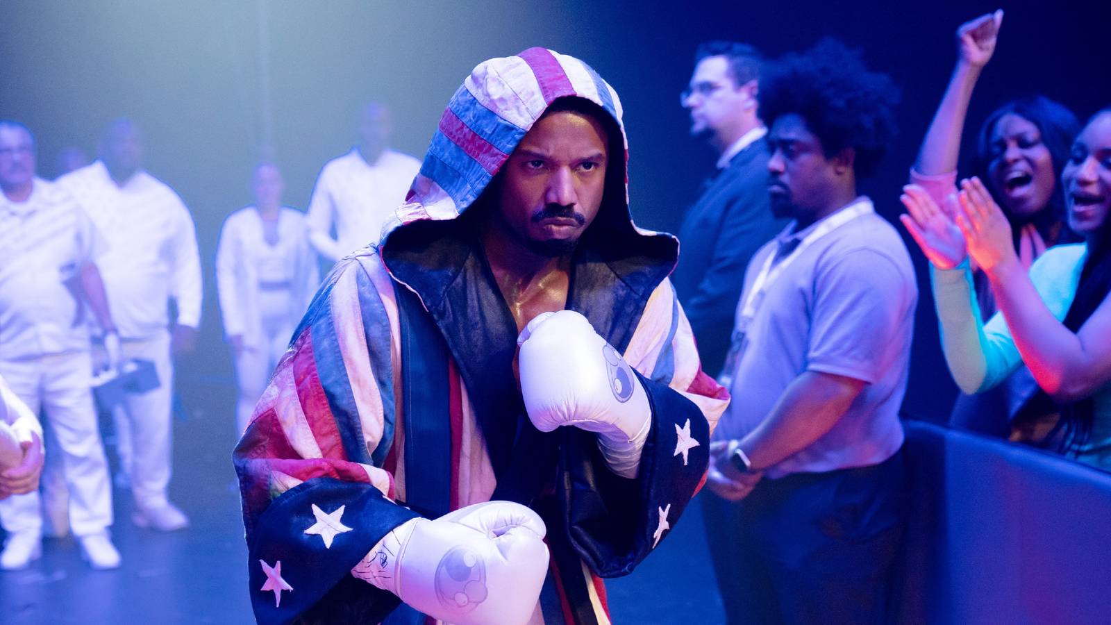 Michael B Jordan preparing to enter the ring as Adonis Creed in Creed 3