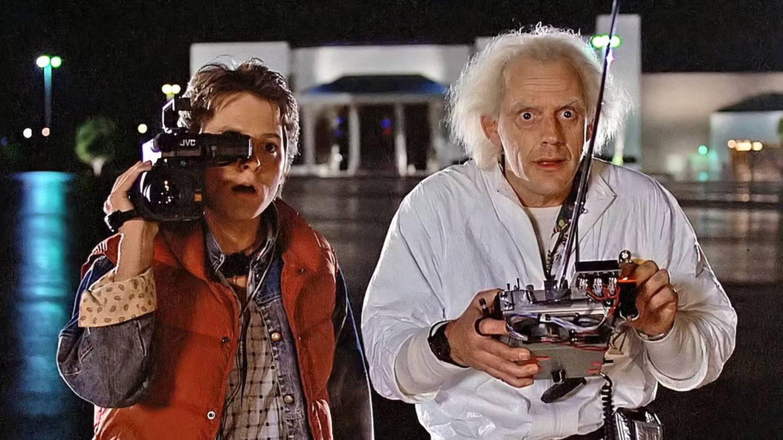 Michael J. Fox as Marty McFly and Christopher Lloyd as Doc Brown in Back to the Future