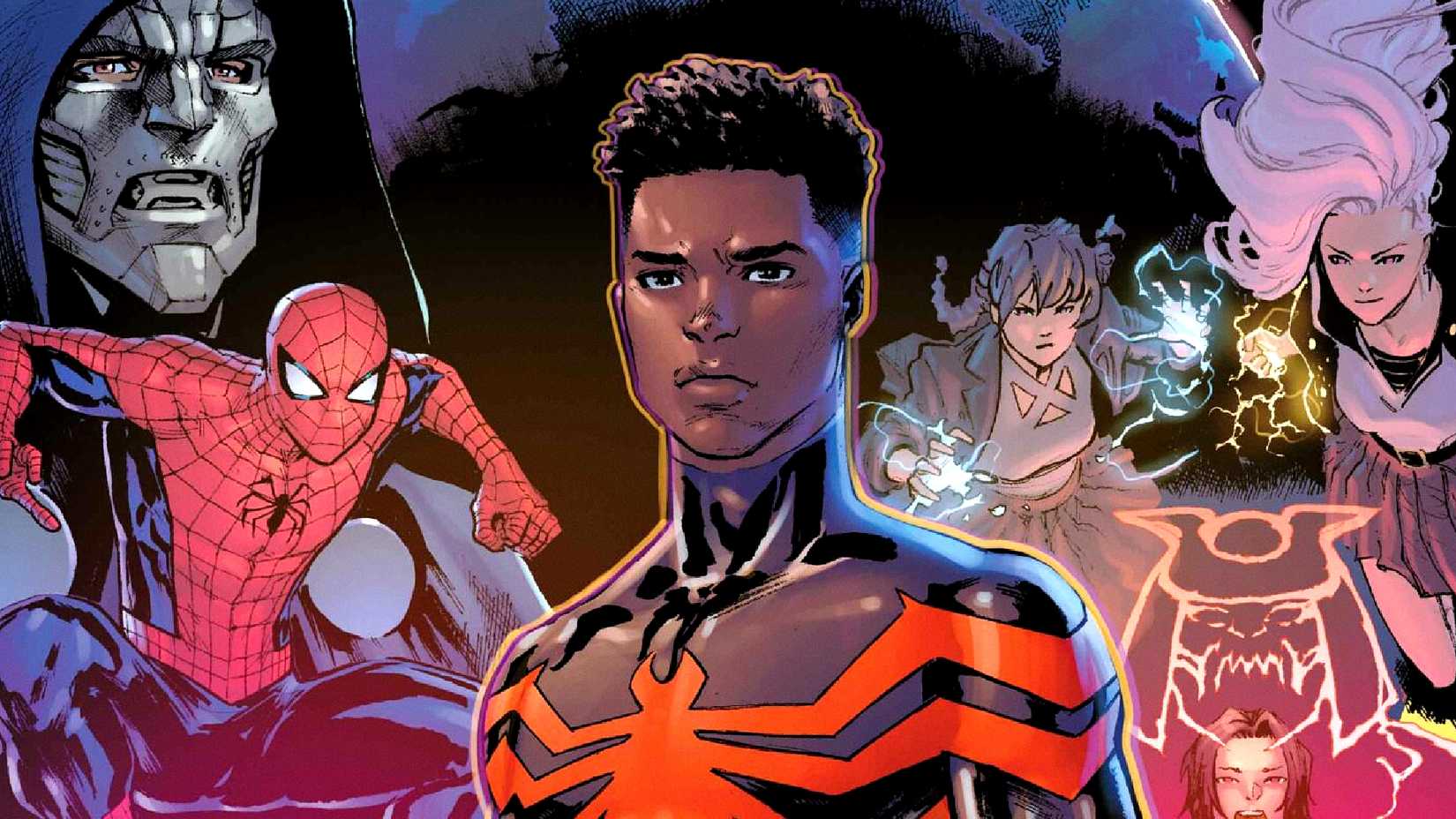 Miles Morales stands in front of Spider-Man, Doom, and other characters in Ultimate Invasion