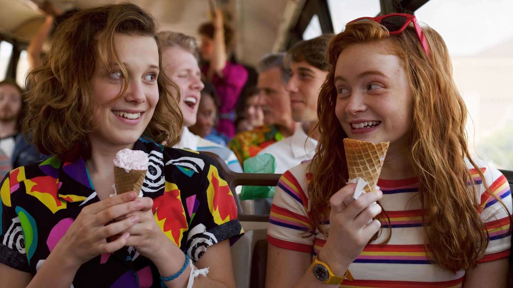 Millie Bobby Brown's Eleven and Sadie Sink's Max eat ice cream in Stranger Things