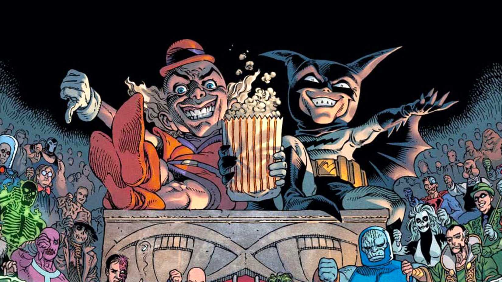 Mister Mxyzptlk and Bat-Mite share a bag of popcorn surrounded by a crowd of DC Comics villains