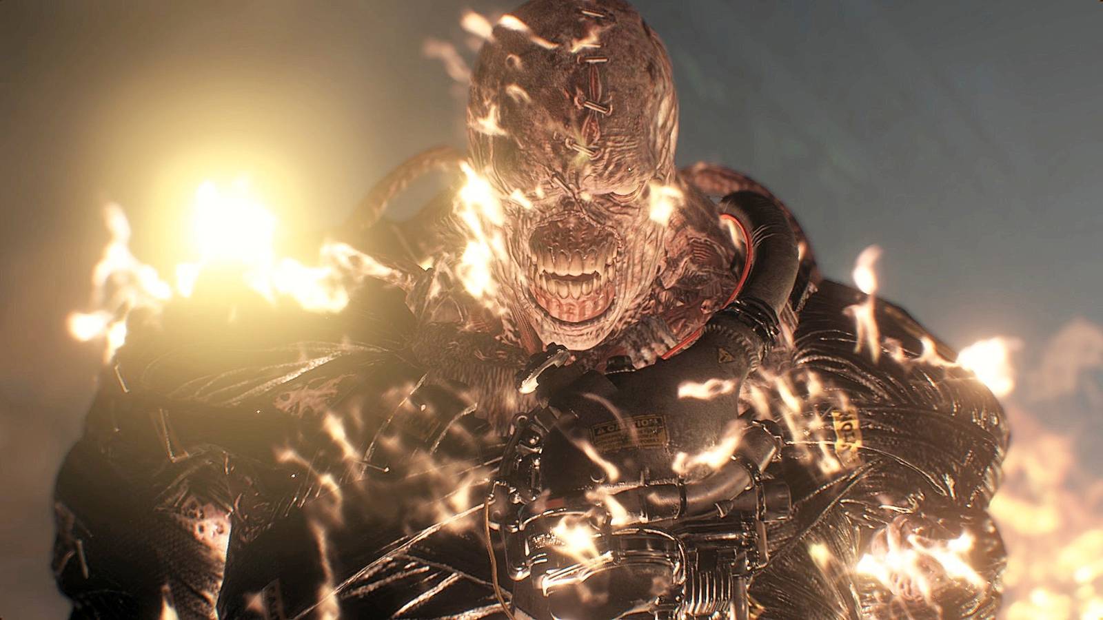 A monster grins menacingly while on fire in a scene from Resident Evil 3