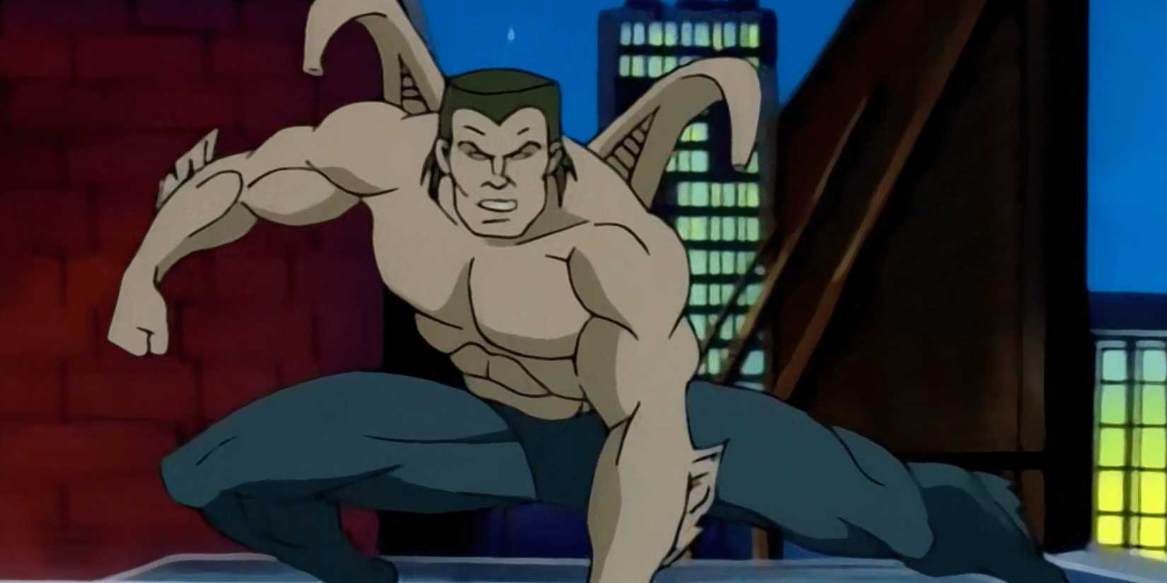 Smythe mutado em um telhado em Spider-Man The Animated Series
