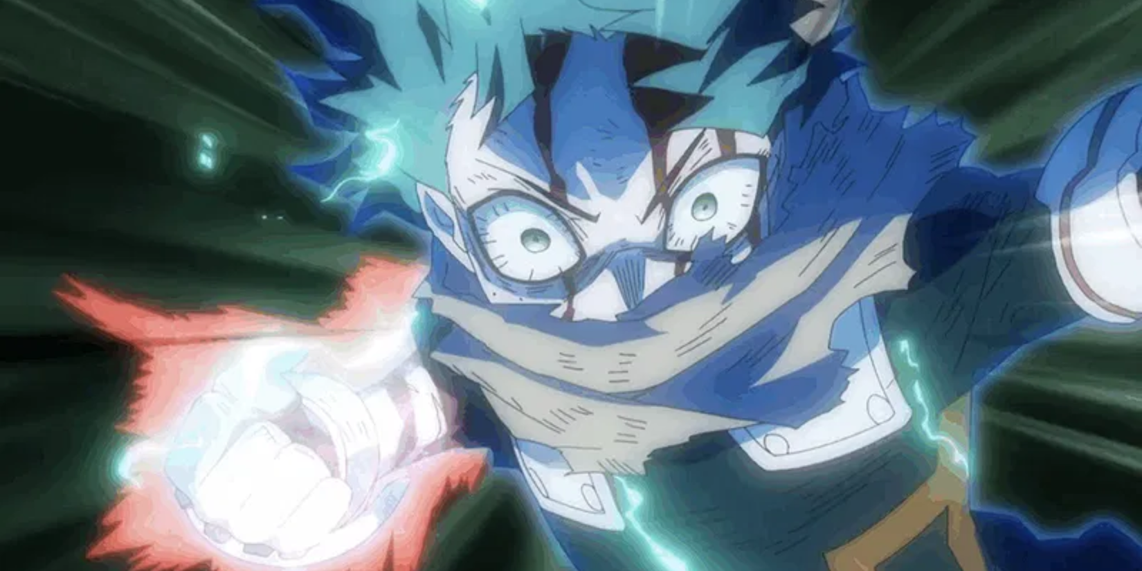 My Hero Academia anime featured image - Deku fighting with blood dripping from his head using his powers to punch