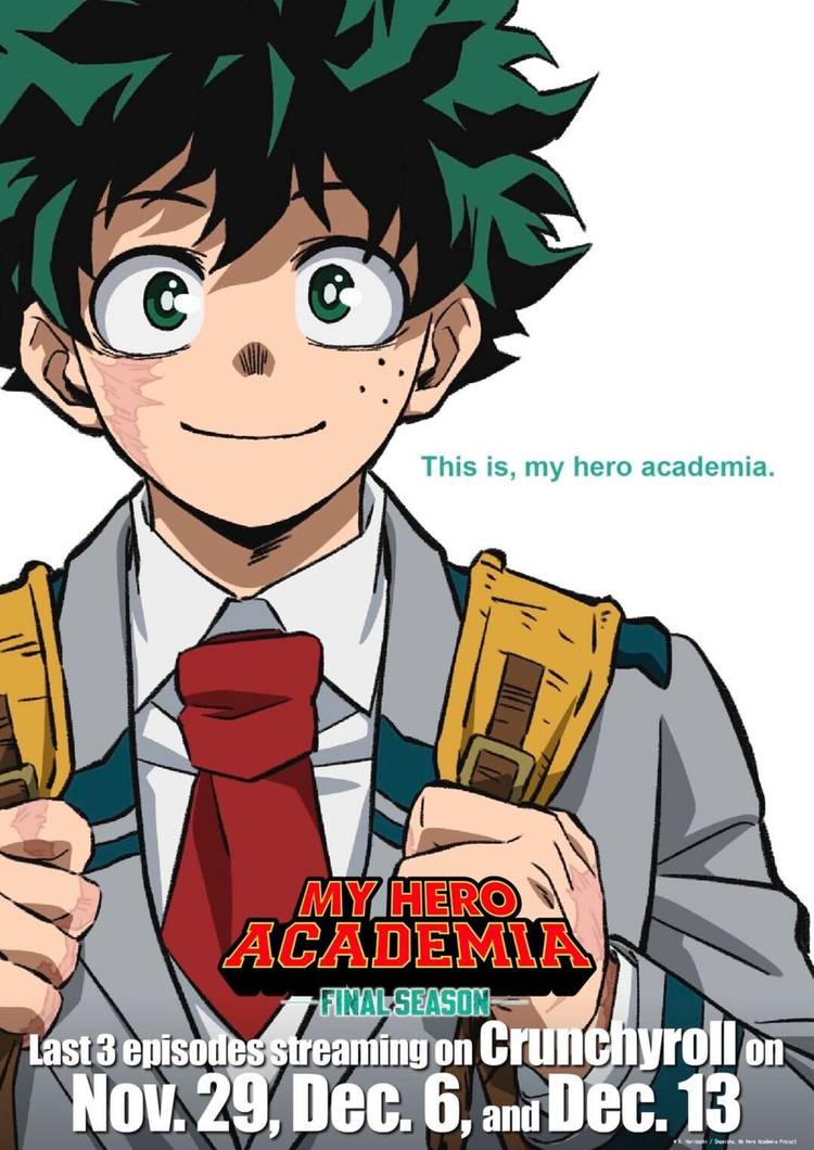 My Hero Academia's Deku smiling and holding onto his backpack
