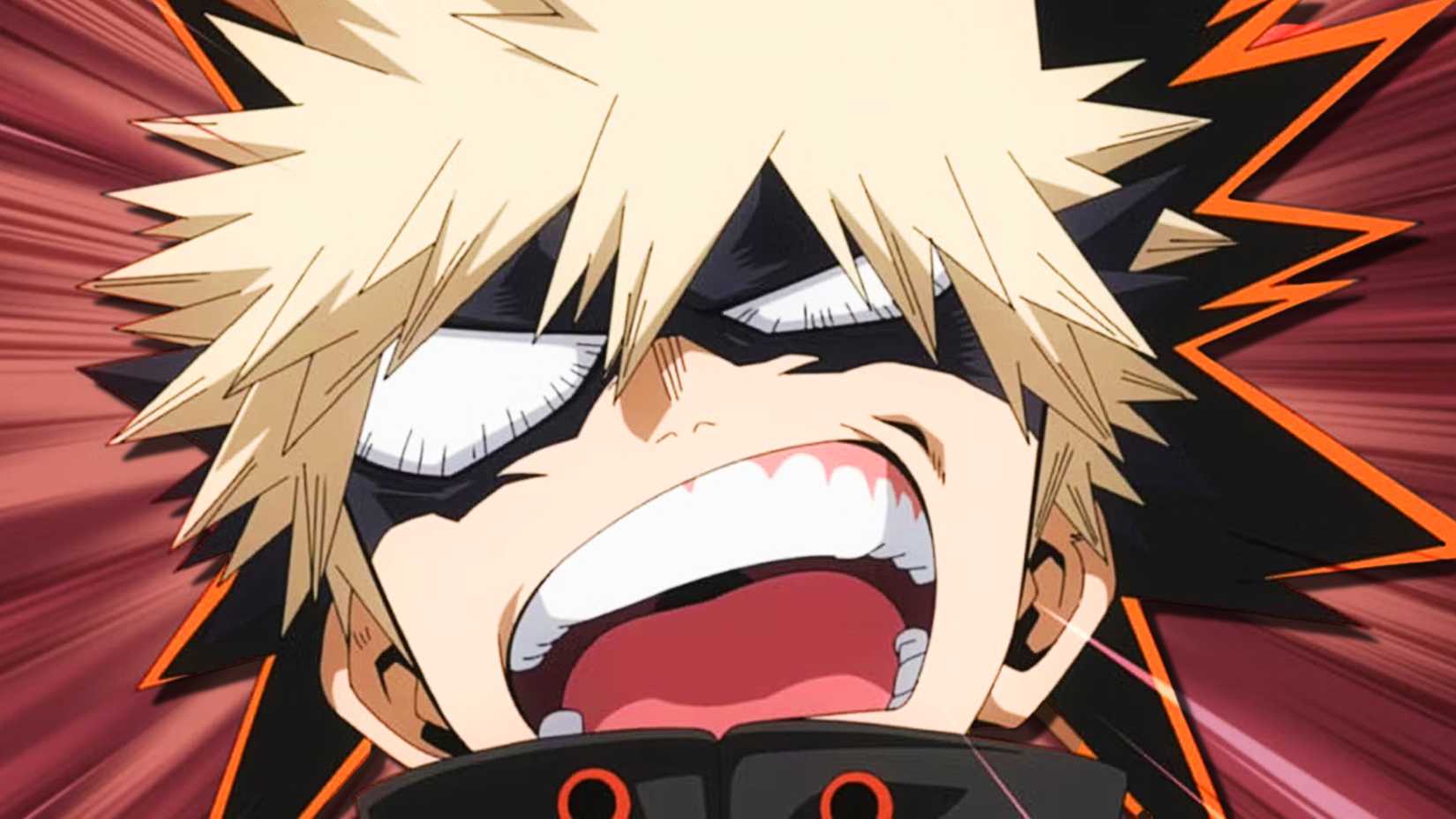 My Hero Academia's Bakugo has his mouth open wide in rage.