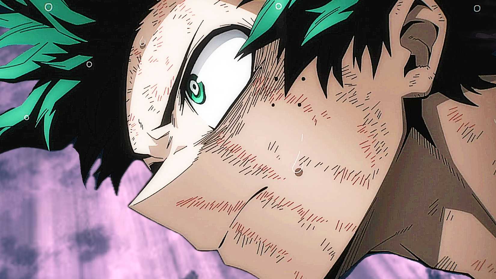 Deku de My Hero Academia grimace avec un fond violet derrière lui.