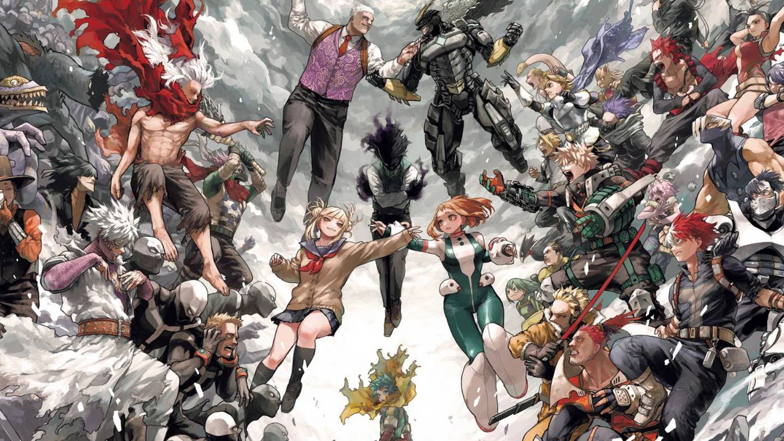 My Hero Academia's cast with villains on one side and heroes on the other.