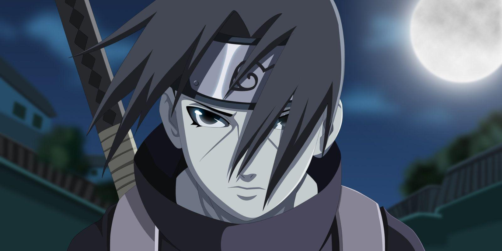 Naruto anime featured image - Itachi Uchiha under a full moon looking angry