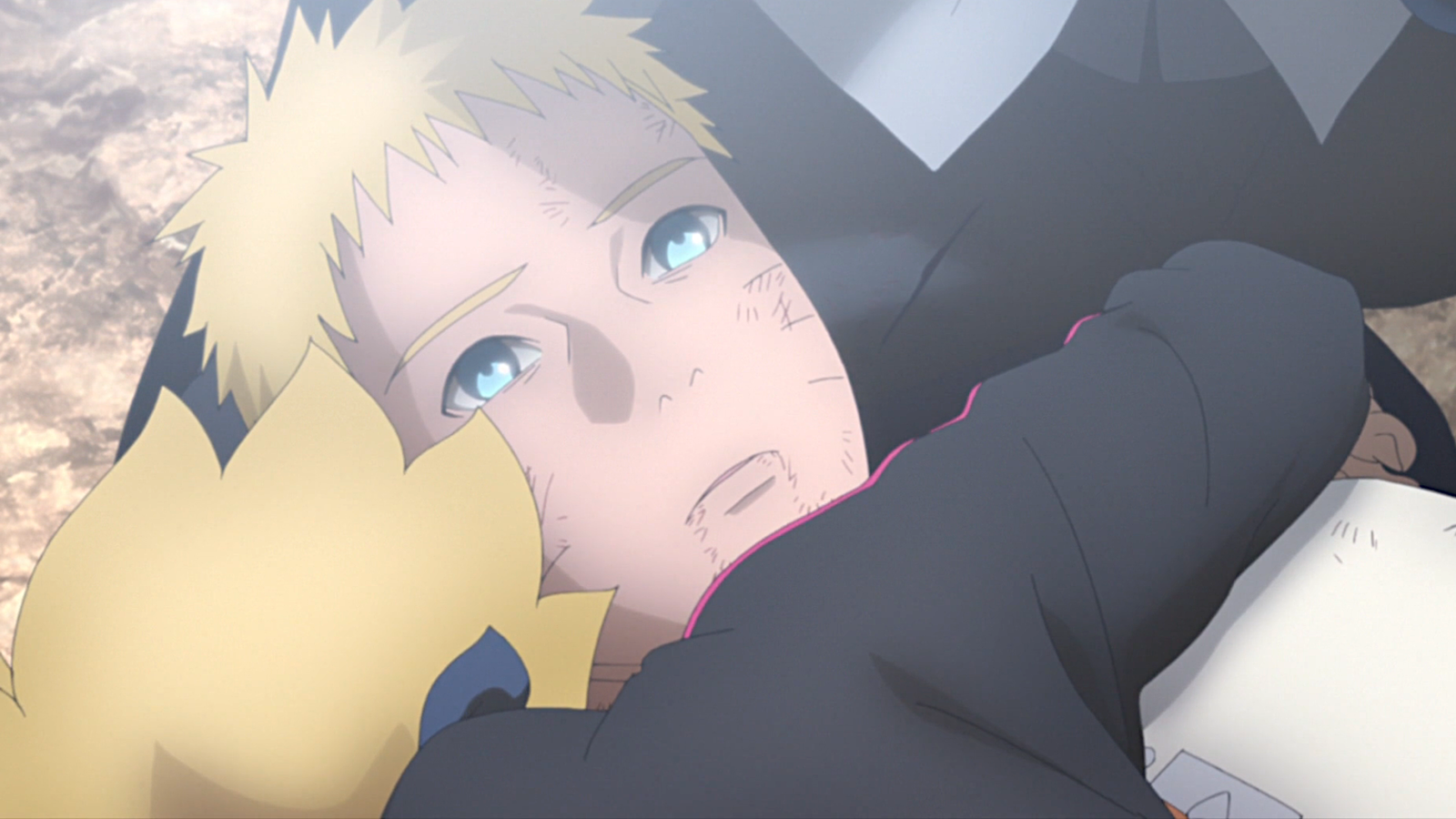Naruto being held by Boruto in episode 218