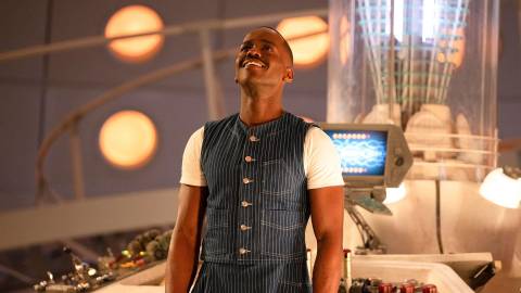 Ncuti Gatwa happy in the TARDIS in Doctor Who