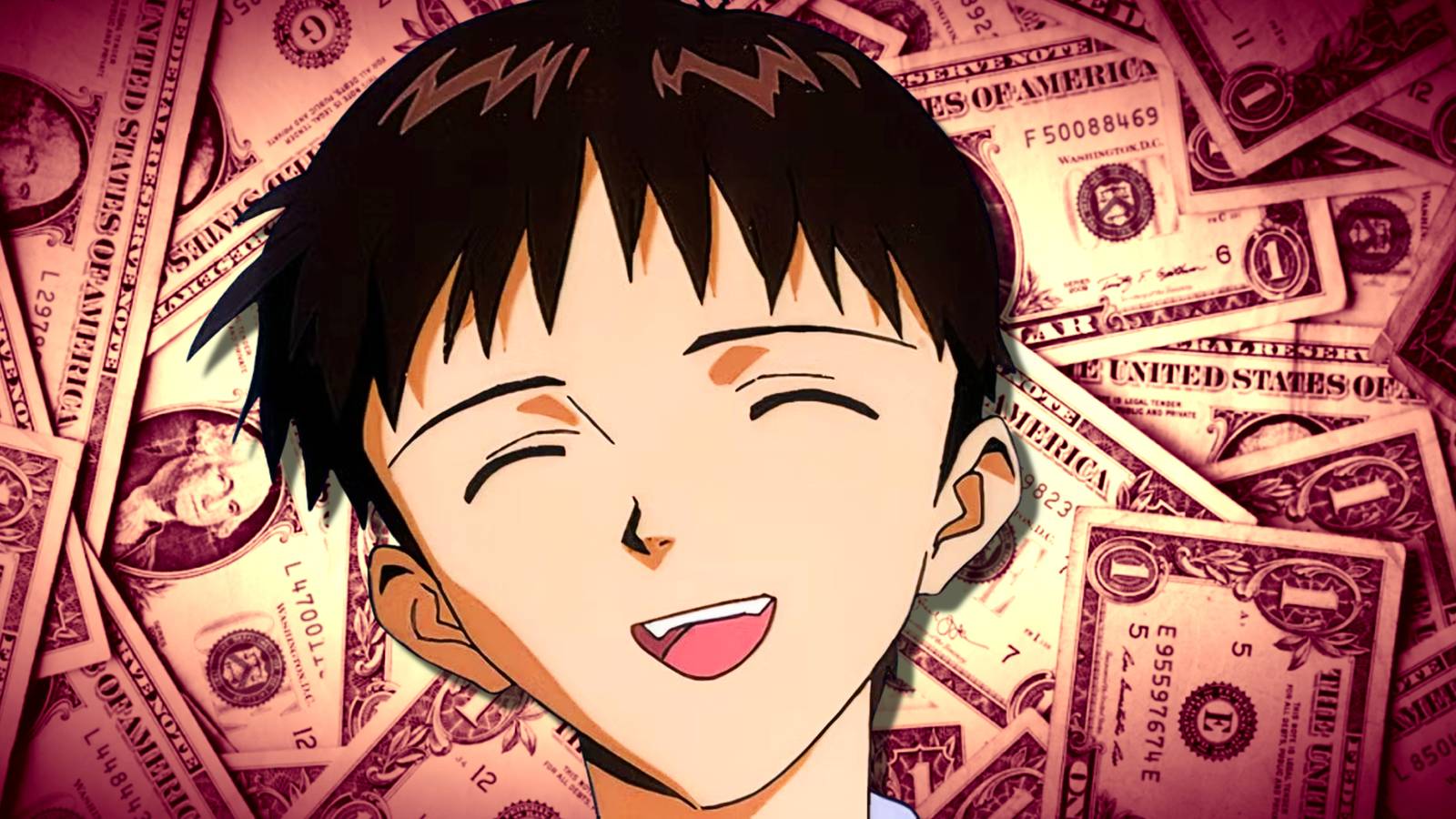 Neon Genesis Evangelion's Shinji smiles in front of a stack of dollars.