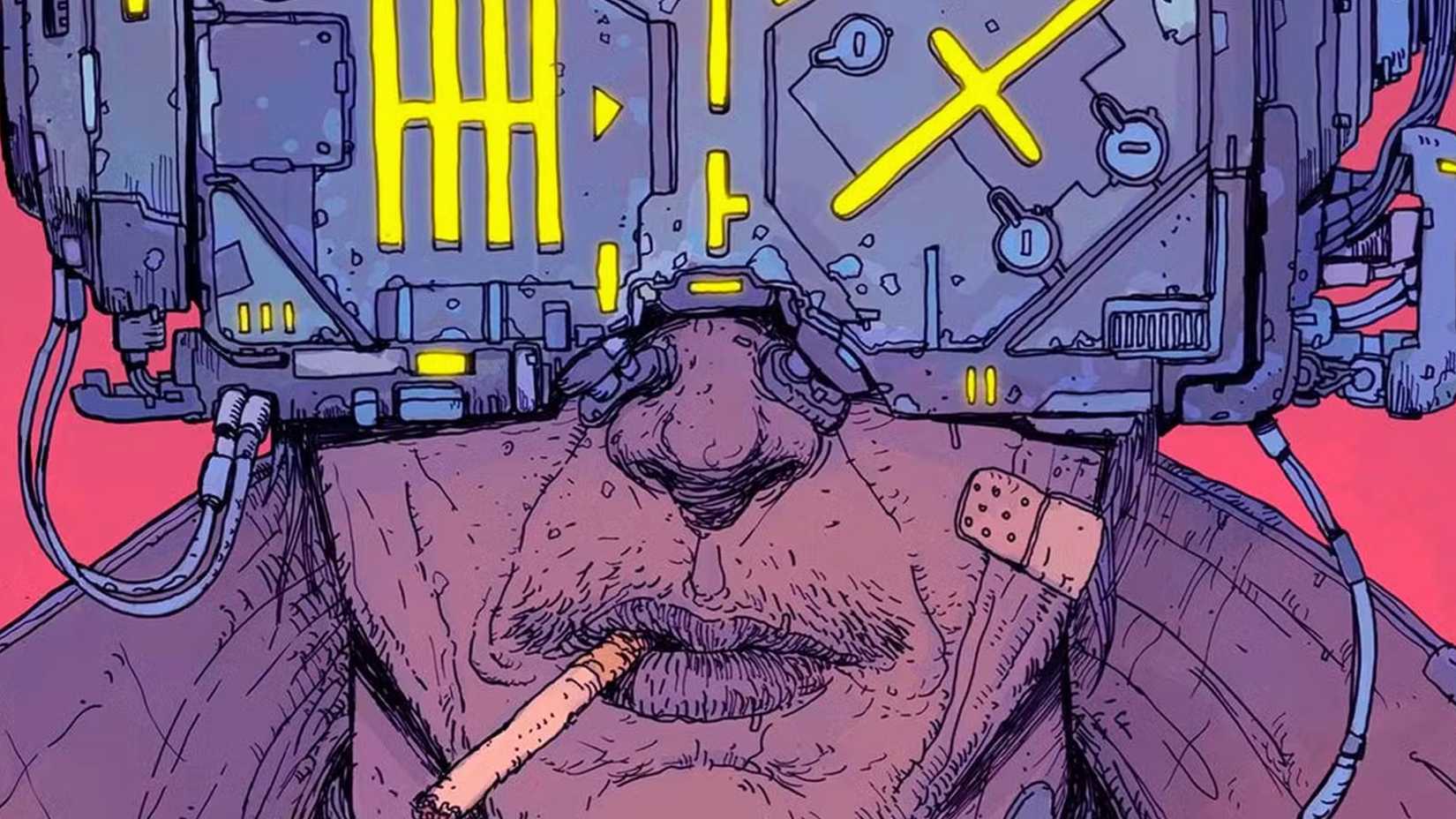 Capa de Neuromancer mostra um homem com óculos tecnológicos fumando um cigarro.