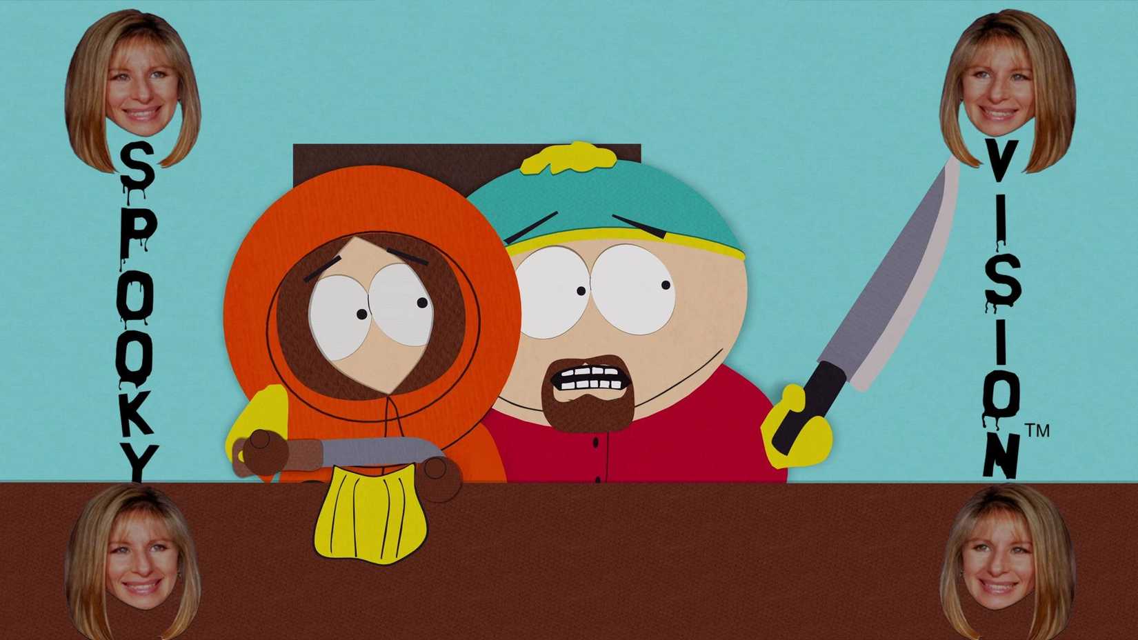 Cartman segurando uma faca em Kenny com uma visão assustadora de Barbara Streisand em South Park