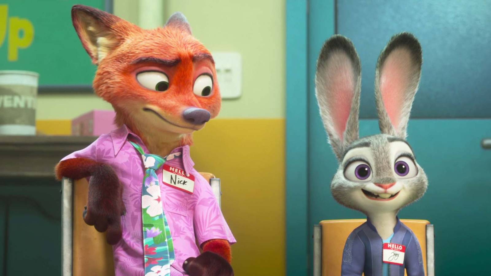 Nick and Judy awkwardly sitting together with nametags in Zootopia 2
