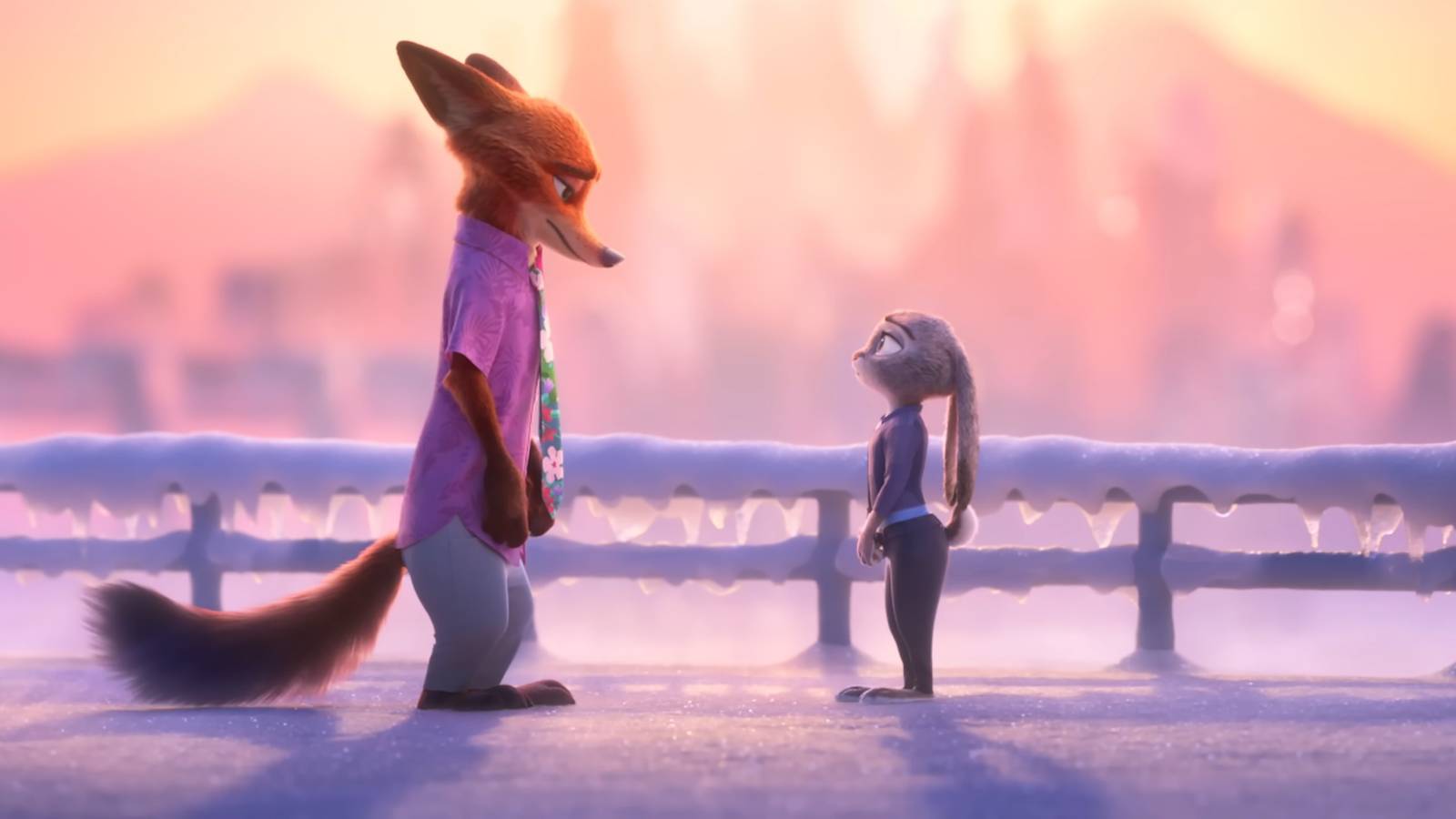 Nick and Judy looking sadly at each other in a snowy setting in Zootopia 2