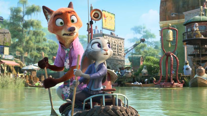 Nick Wilde e Judy Hopps remando em um pequeno barco na cidade de Marsh em Zootopia 2