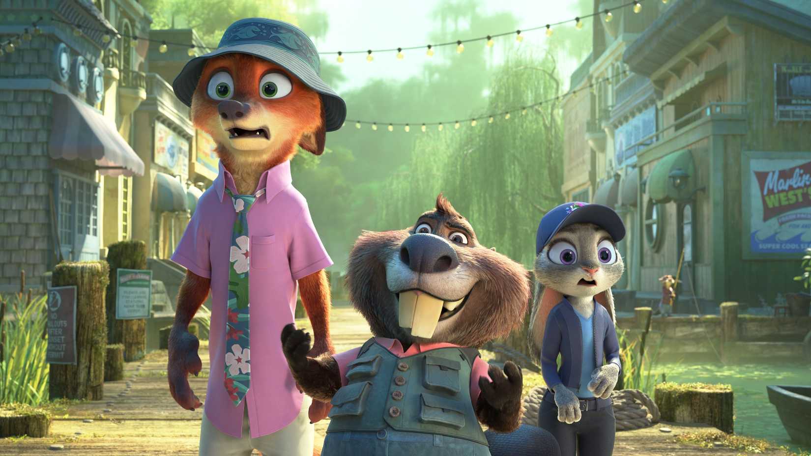 Nick Wilde, Nibbles Maplestick e Judy Hopps na cidade de Marsh em Zootopia 2