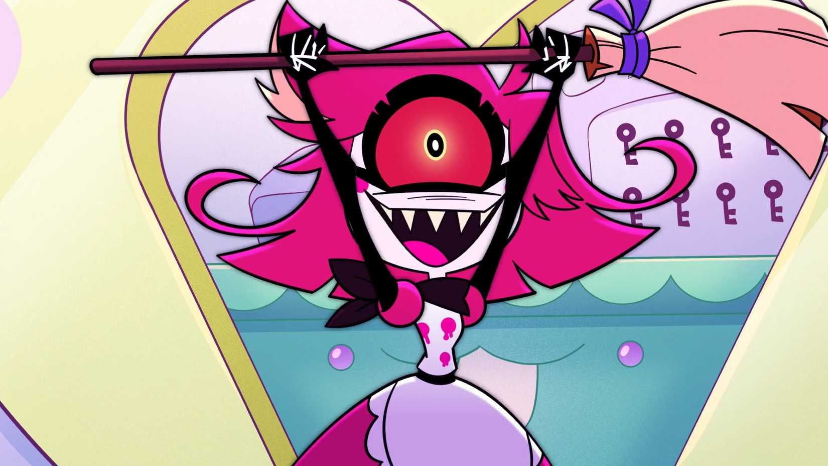 Niffty segurando sua vassoura com um sorriso na temporada 2 de Hazbin Hotel