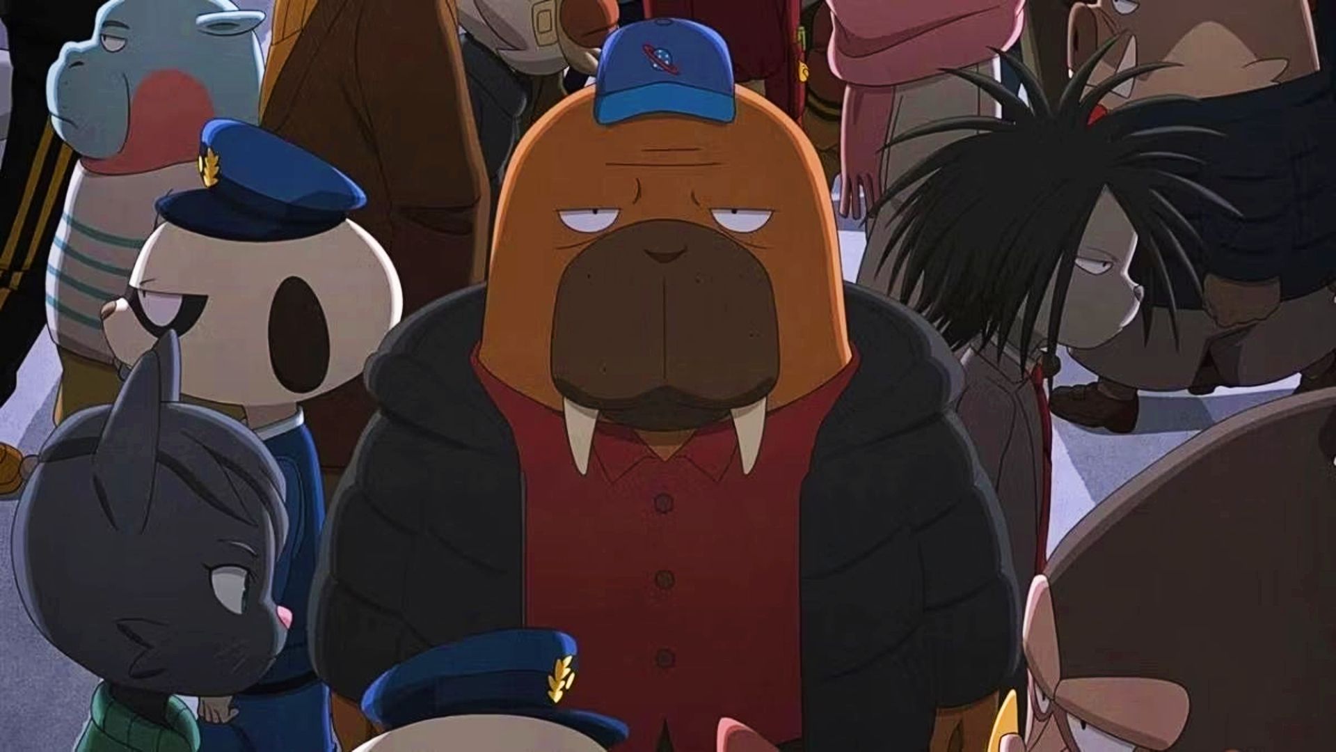 Hiroshi Odokawa standing in a crowd in Odd Taxi.