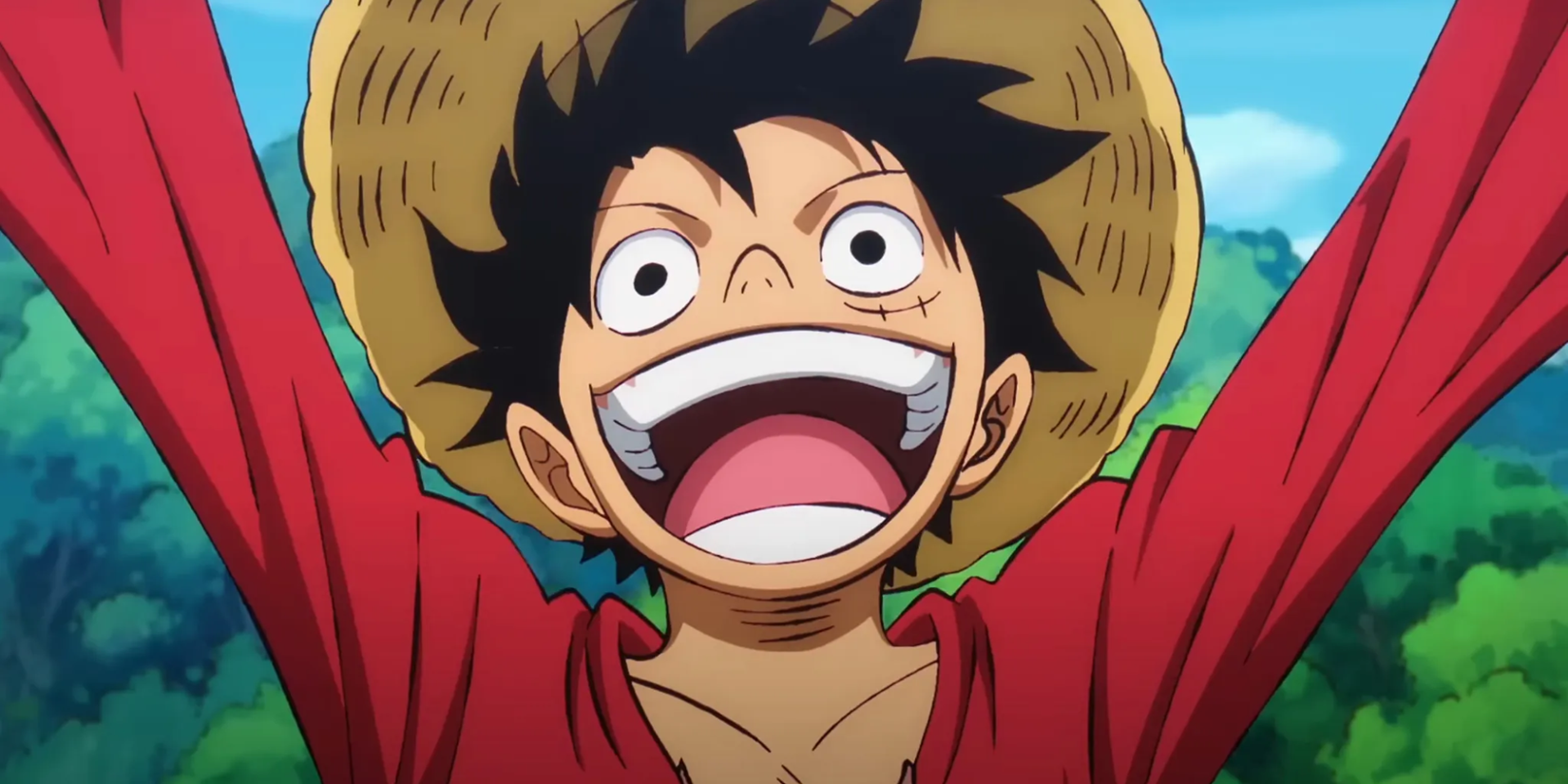One Piece anime featured image - Luffy looking surprised but happy