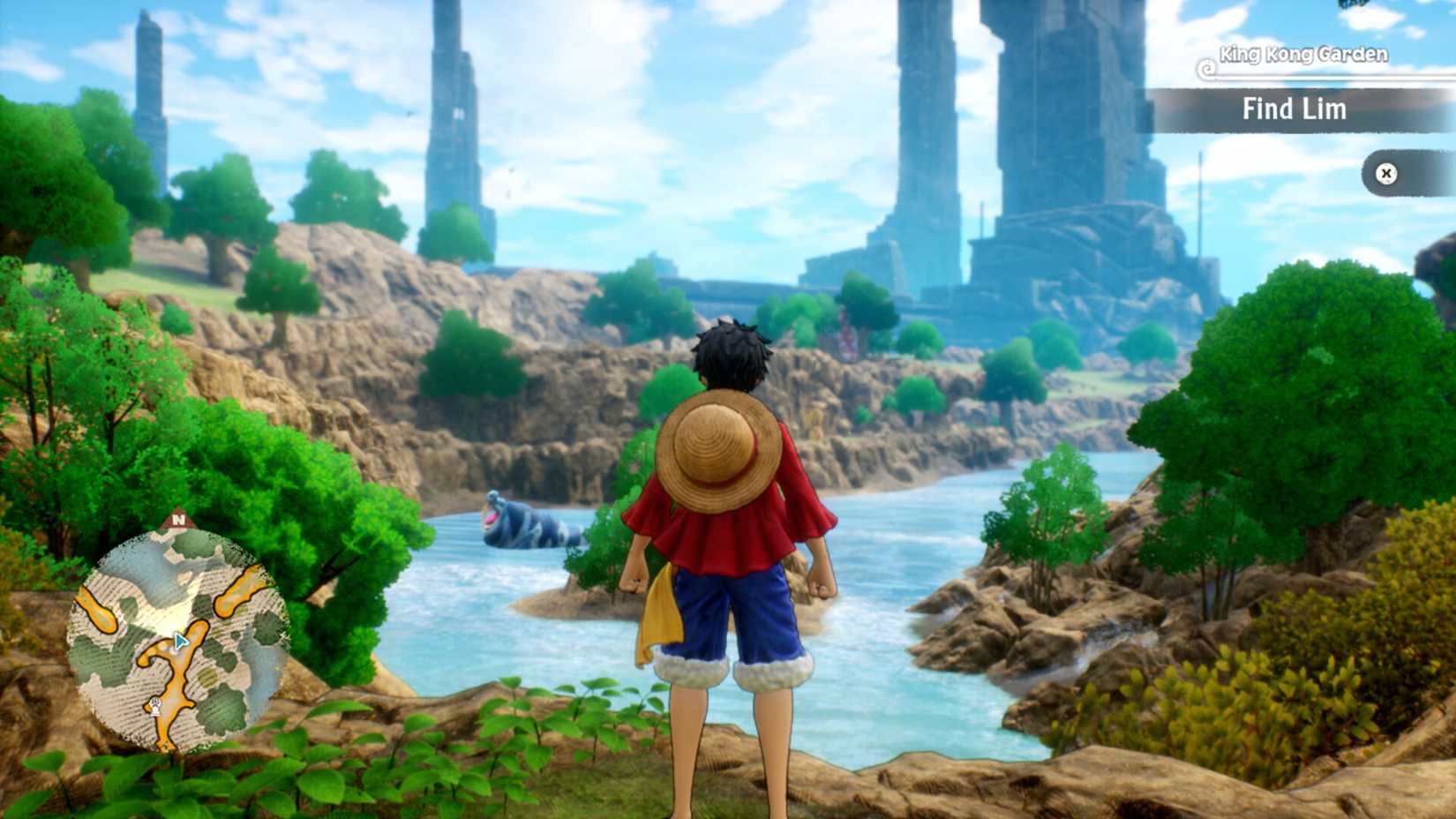 One Piece Odyssey luffy standing in front of a lanscape of trees