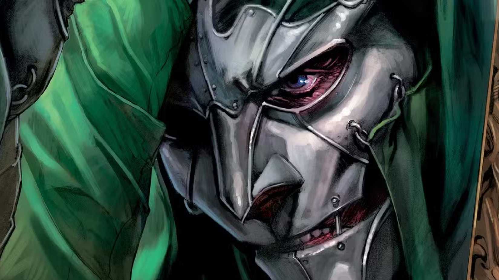 Otto von Doom grabs his mask in front of the mirror in Marvel 1602 cover art