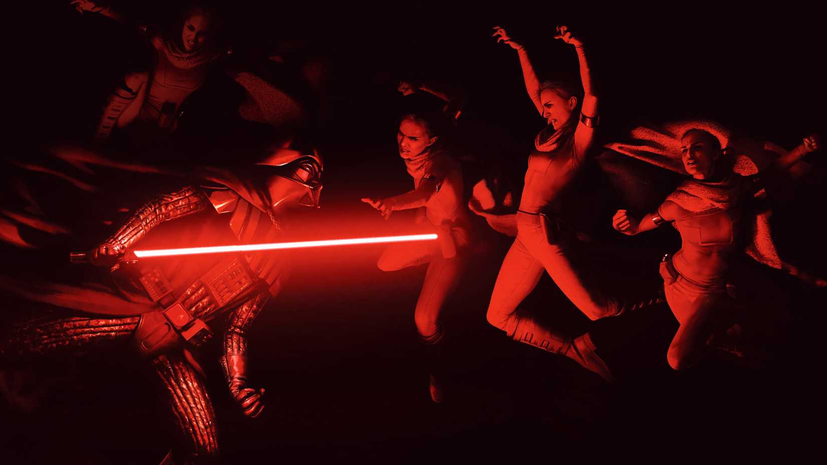 Padme Doubles Attacking Darth Vader in Comic Art